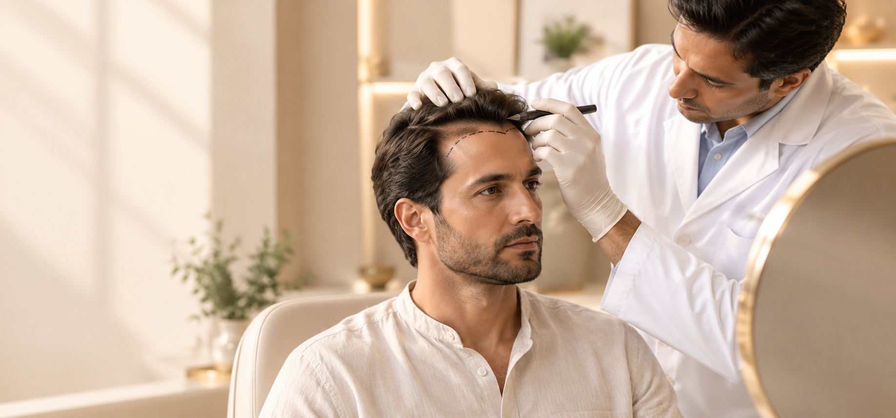 A clinician drawing a new hairline on a man's forehead before a hair transplant