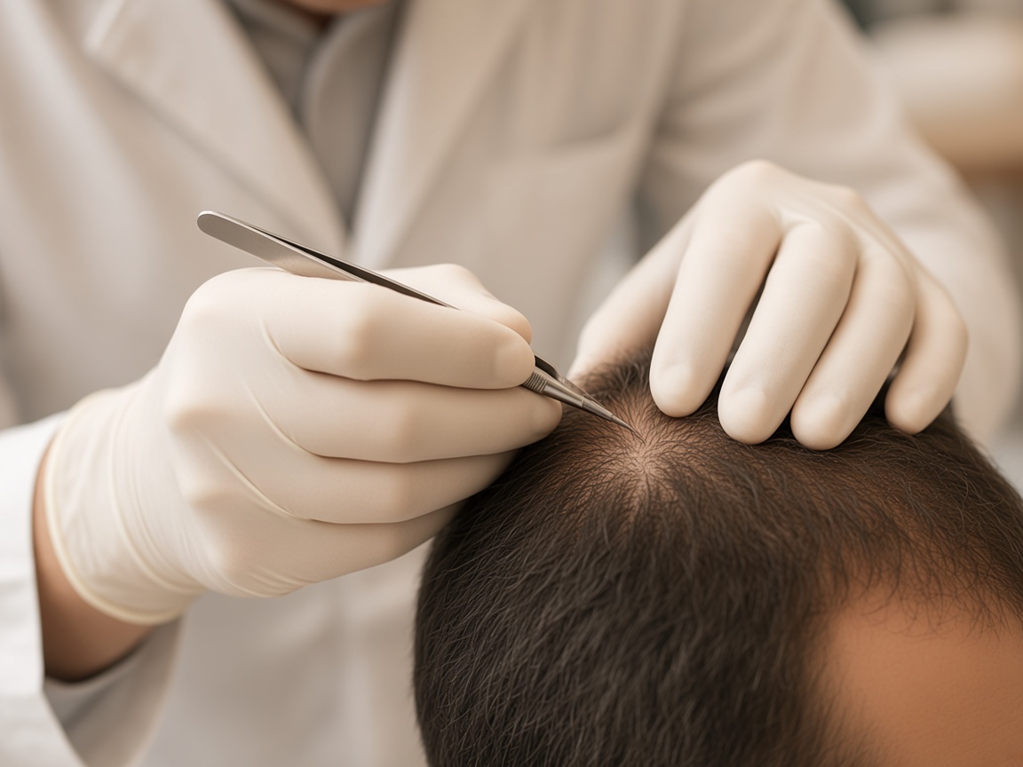 A gloved clinician placing a hair graft into the scalp with fine forceps